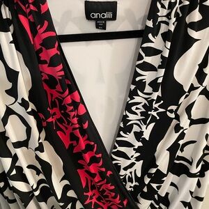 Analili Black, White, and Red Patterned Blouse